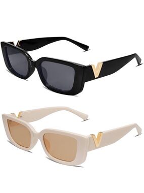 NIB/NWT • SET OF 2: Rectangular Sunglasses — Black & Cream with Gold Accents